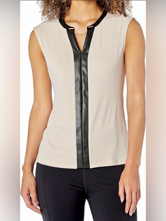 Calvin Klein Tops - Calvin Klein Beige Camisole with Black Faux-Leather Center Trim